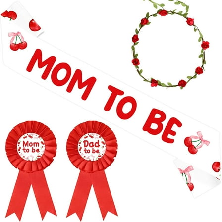 Cherry Themed Sash Corsage Set Mom to Be Dad to Be Corsage Pins Set Cherry Themed Baby Shower Decor She's The Cherry On Top Mom to Be Sash for Pregnancy Parents Baby Shower Decor Supplies