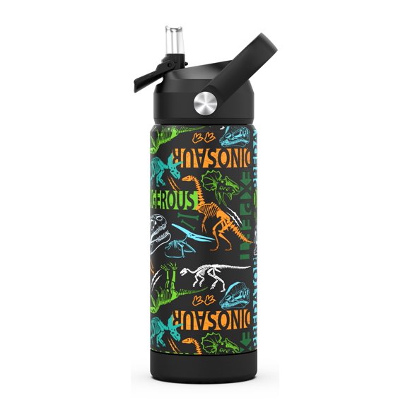 Ntswasd Botella De Agua Para Niños Con Pajita, Vasos Aislados Para Niños De 18 Oz Con Acero Inoxidable A Prueba De Fugas Para Deportes Escolares Y Viajes (Dinosaurio)