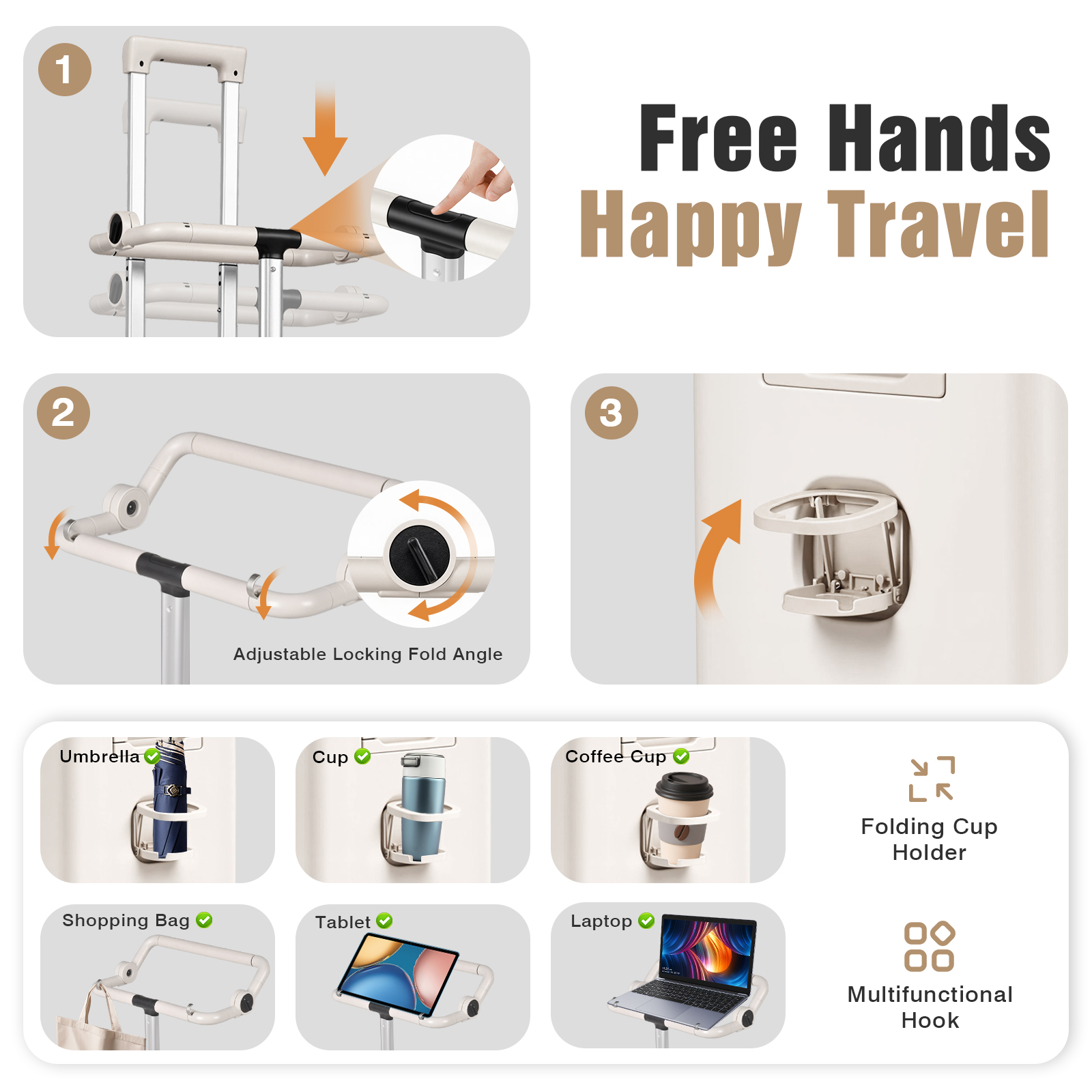 Advwin 20" Ride On Luggage with Foldable Seat, Cup/Tablet Holder, 6 PCs Packing Cube Set & TSA Lock, Hard Shell PC Spinner Travel Suitcase for Kids & Adults, Beige