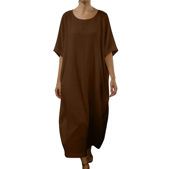 qucoqpe Women's Cotton Linen Dress Summer Oversized Loose Crew Neck Short Sleeve Casual Solid Boho Long Maxi Dress
