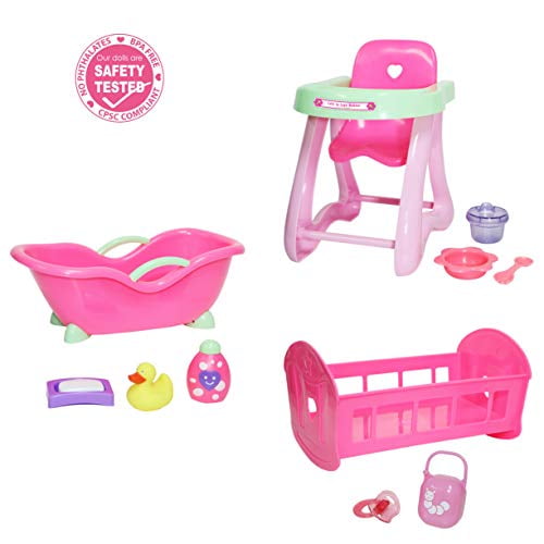 JC Toys Deluxe Doll Accessory Bundle | High Chair, Crib, Bath and Extra  Accessories for Dolls up to 11 | Fits 11 La Baby & Other Similar Sized  Dolls