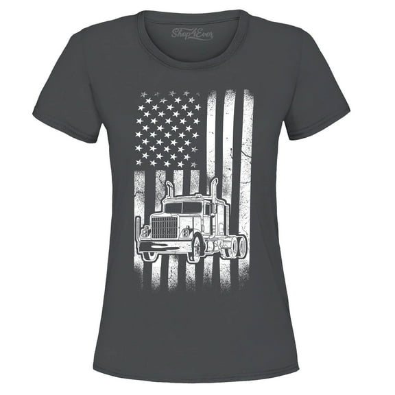 Shop4Ever Women's Trucker American Flag USA Graphic T-Shirt Medium Charcoal