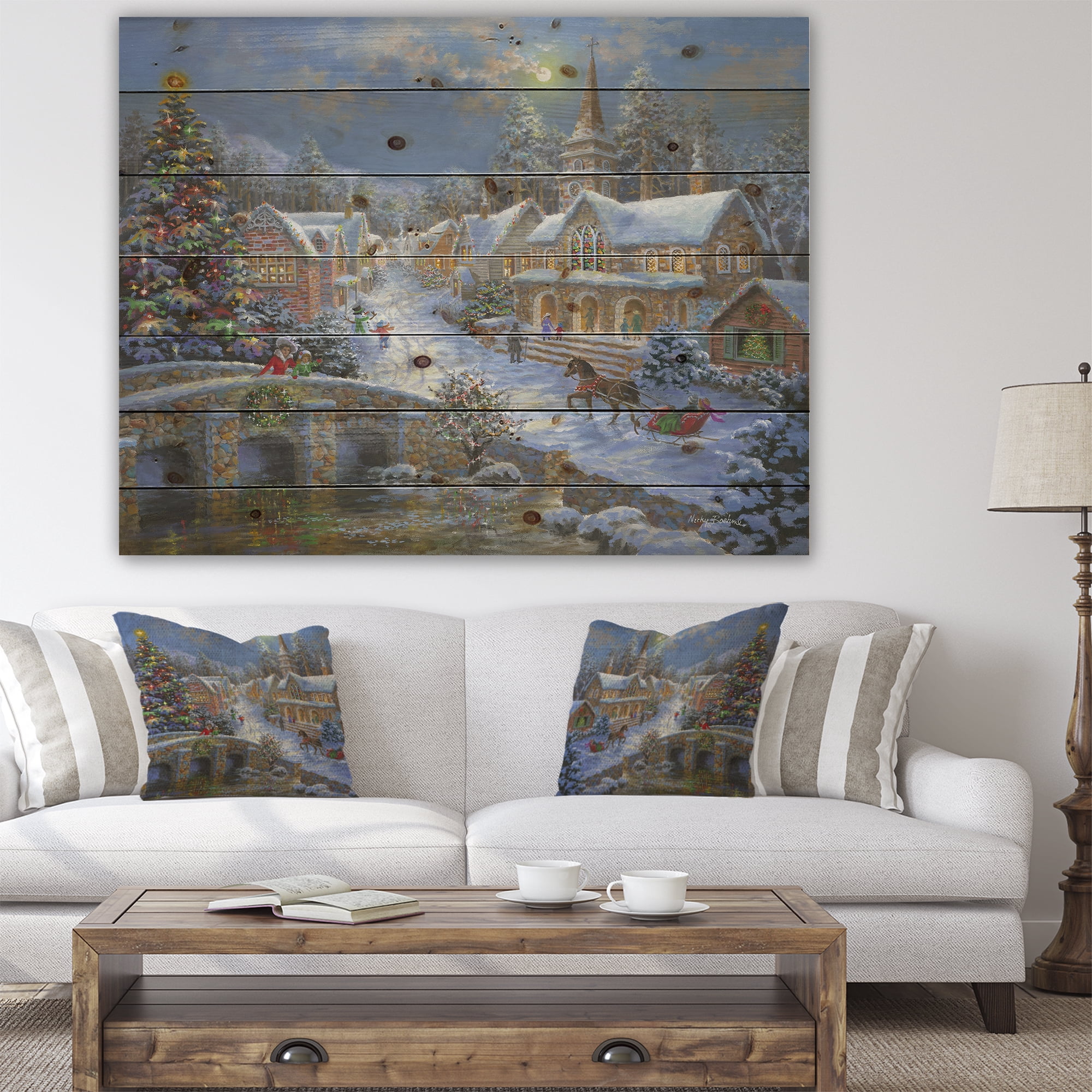 Designart 'Christmas Paradise with church snow and open sleigh' Print on Natural Pine Wood