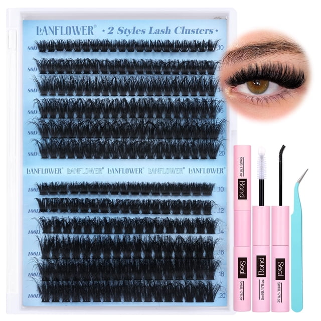 Kit de extensión de pestañas Lanflower Fluffy Lash Clusters 80D 100D