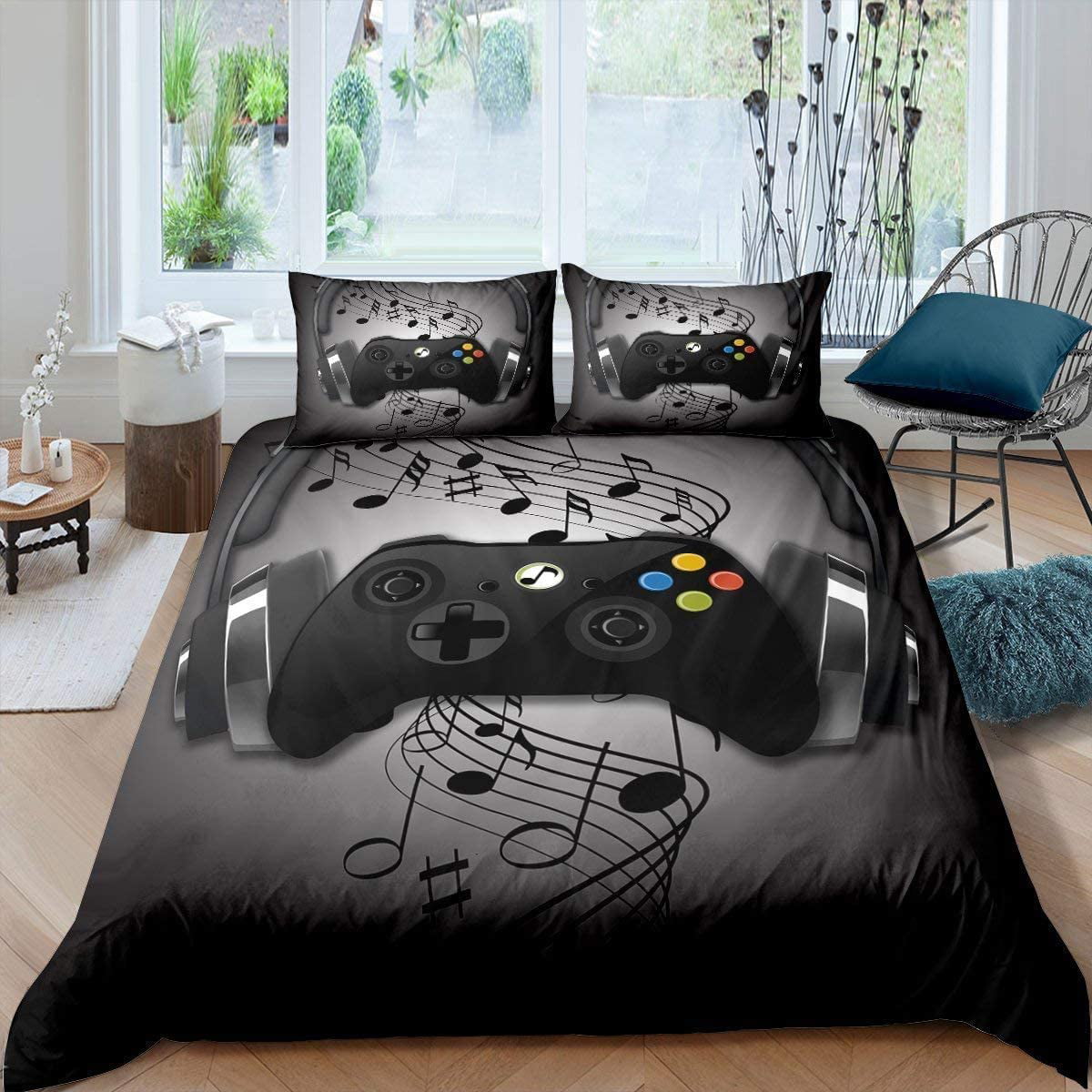 Super Soft Reversible Duvet Cover Cartoon Gamepad Geometric Print Quilt Cover Gaming Comforter Cover Set Video Games Gamer Bedding Set Grey and White Full Size Video Game Controller Home Decor