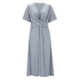 thumbnail image 4 of Dresses For Women 2024 Elegant V Neck Pleated Loose Vintage Elbow Length Mid Length Beach Vacation Sun Dress, 4 of 7