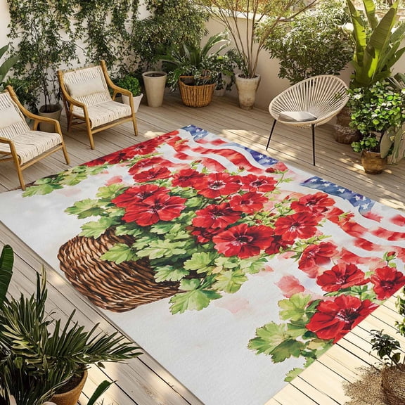 Fsddascl 4th of July Flower Outdoor Rug for Patio/Deck/Porch, Non-Slip Large Area Rug 4 x 6 Ft, Vintage Red Stripe Flag Poppy Floral Indoor Outdoor Rugs Washable Area Rugs, Camping Rug Carpet