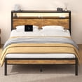 thumbnail image 2 of Queen Bed Frame with LED and Charging Station, Metal Platform Bed with Storage Headboard, Brown, 2 of 11