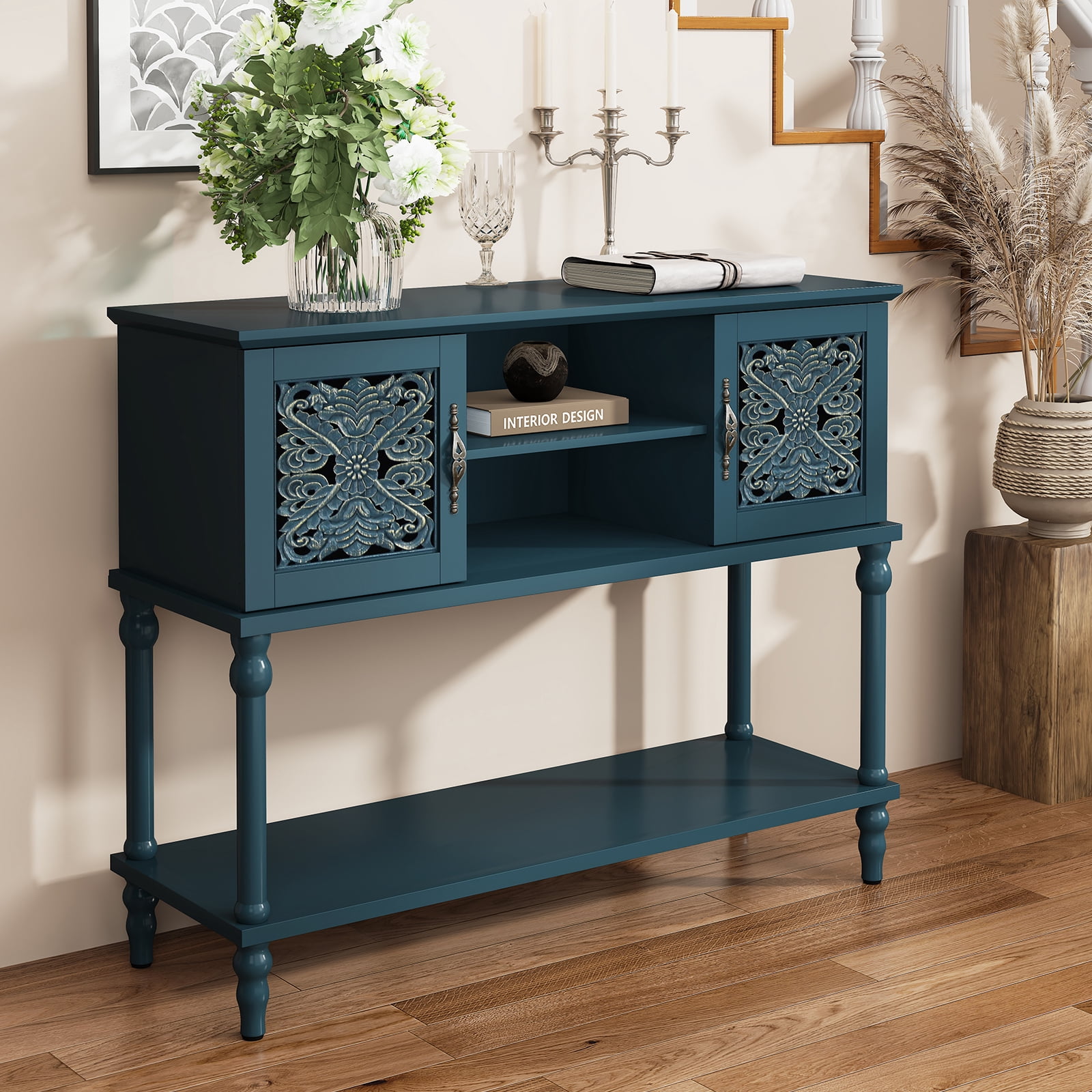 HLR Modern 42" Console Table with Storage, Entryway Table Wood Behind Couch with Shelves for Living Room, Blue