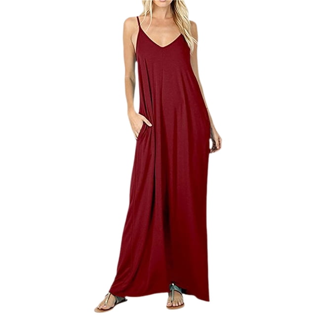 Vestido largo con tirantes, bolsillos y corte holgado, de color liso, para mujer - Vestido largo tipo chaleco sexy