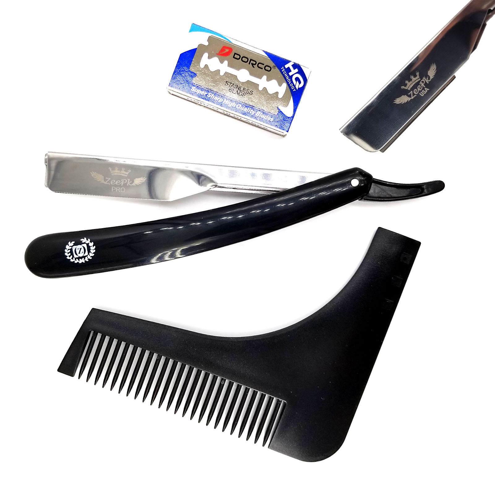 BLACK CLOSE SHAVE STEEL BARBER STRAIGHT CUT THROAT RAZOR SHAVETTE + BEARD SHAPER