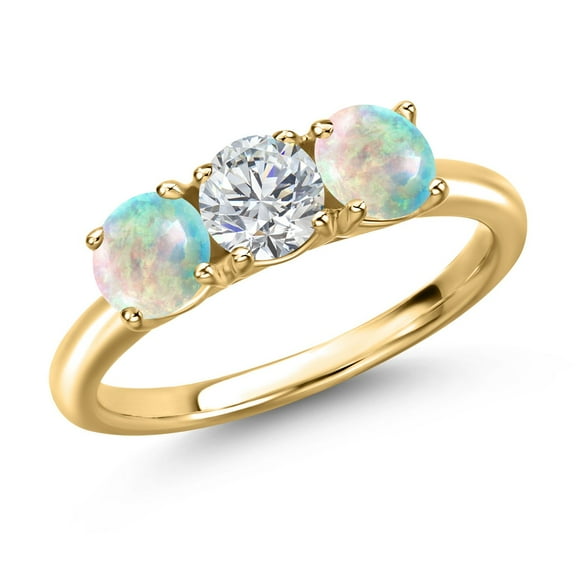 Gem Stone King 18K Yellow Gold Plated Silver Lab Grown Diamond and Simulated White Opal Engagement Ring for Women | 1.50 Cttw | Round 5MM | Gemstone April Birthstone | Size 6