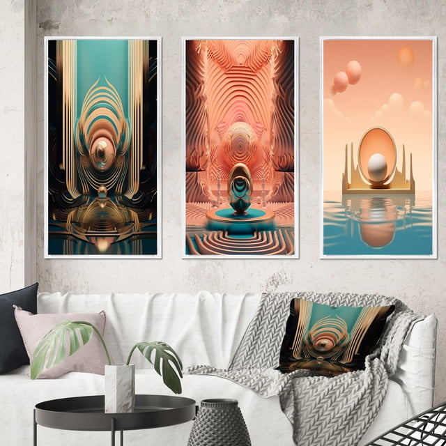 Designart "Retro Futuristic Architecture Graphic Bliss V" Abstract Landscape Framed Wall Art Set Of 3 - Pink Abstract Landscapes Frame Gallery Wall Set For Home Decor