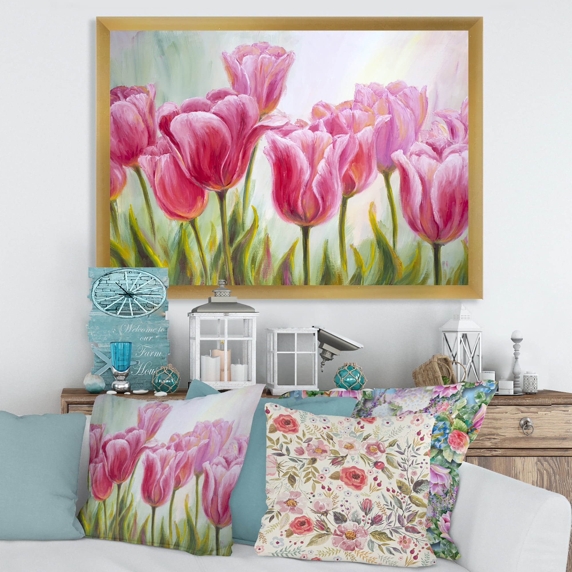 Designart 'Blossoming Red and Pink Tulips Flowers ' Traditional Framed Art Print