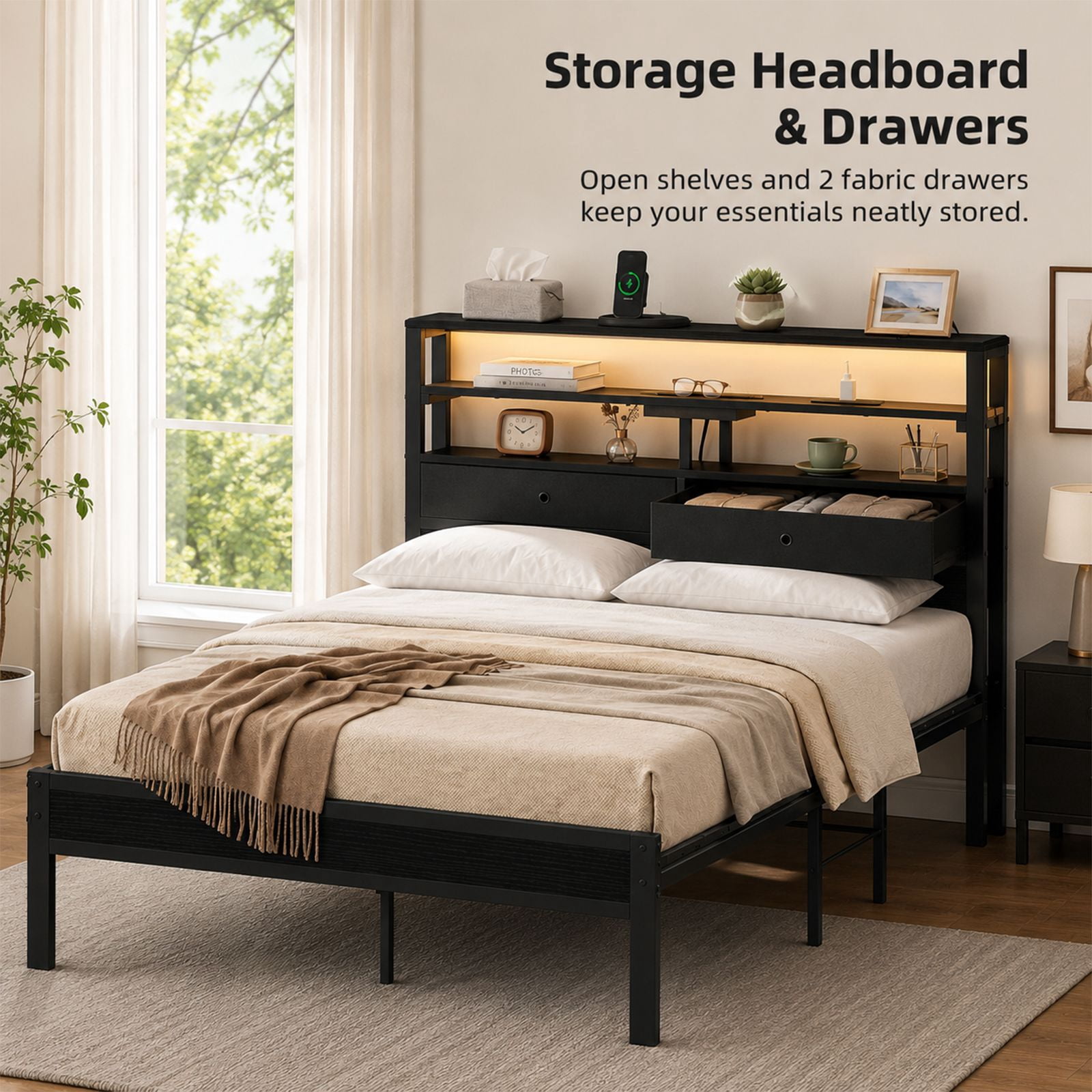 Alvantor Bed Frame with Storage Headboard, Sturdy Metal Platform Bed Frame with LED Lights and Charging Station, Easy Assembly, No Box Spring Needed, Noise Free