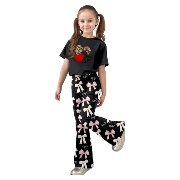 Tiijoy Girls Valentine's Day Short Sleeve T Shirt and Flared Pants Outfits, Sizes 9-10
