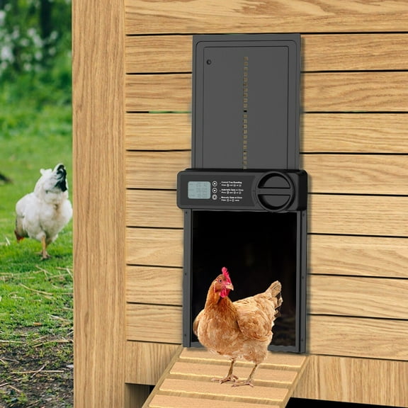 JIAN YA NA Automatic Chicken Coop Door, Anti-Pinch Poultry Coop Door Opener with LED Screen & Timer, Aluminum Alloy (Black)