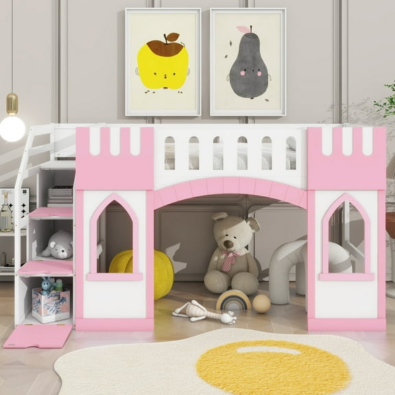 Euroco Wood Twin Size Loft Bed Frame, Castle House Bed with Storage Staircase for Kids Teens Adults, Pink