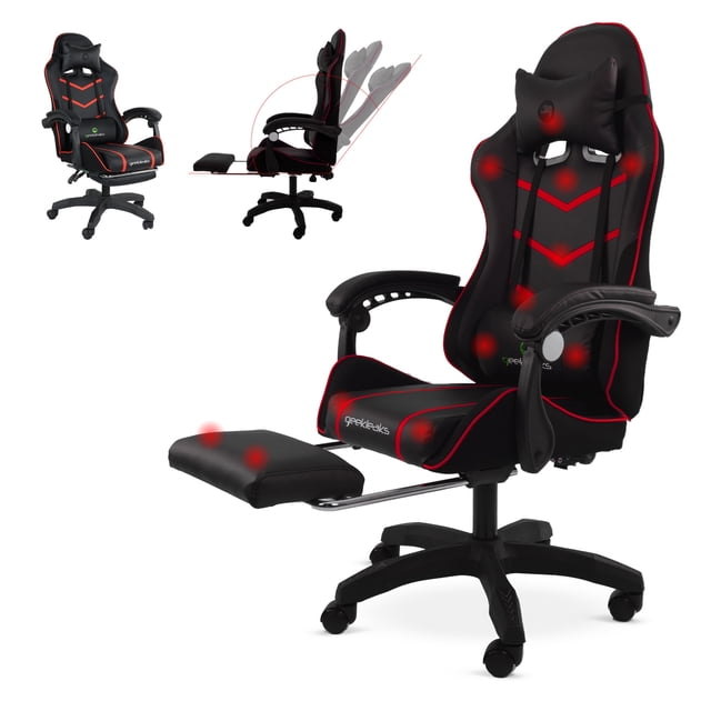 silla gamer ergonomica geekleaks reclinable con altura ajustable rojo gngc01 silla gaming roja y negra 3/4 frontal con respaldo alto y cojín cervical, cojín lumbar con masajeador, apoyabrazos acolchados, pistón hidráulico para ajuste de altura, base de cinco ruedas y reposapiés extensible desplegado; costuras y líneas rojas visibles, adecuada para largas jornadas de juego o trabajo en casa.