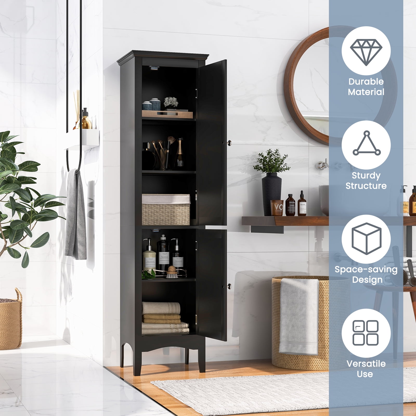 Patiojoy Freestanding Bathroom Storage Cabinet Tall Narrow Storage Cabinet with 1 Adjustable Shelf 1 Drawer and 2 Doors Black