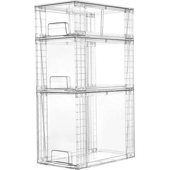 3 Pack Clear Stackable Storage Drawers,Easy to Assemble Bathroom Organizers and Storage with handles,Plastic Drawers for Kitchen Pantry,Cabinet,Under Sink Organization