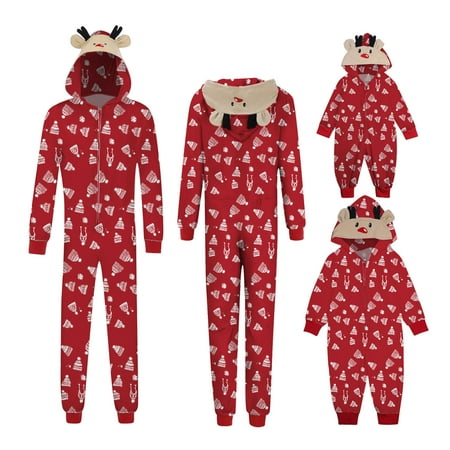 

Family Christmas Pajamas Parent-child Warm Christmas Set Printed Home Wear Hoodid Pajamas Moms Jumpsuit