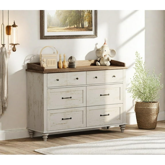 Wooden Dresser Rustic White with 6-Drawer Vanity Cabinet, Modern Farmhouse for Bedroom, Living Room, Entryway