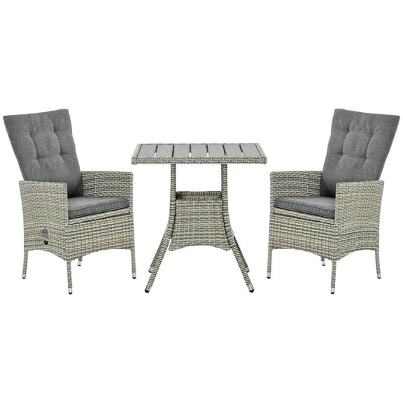 Spaco 3 Piece Patio Bistro Set, PE Wicker Furniture Conversation Set with Tufted Cushion Reclining Chairs & Coffee Table for Outdoor as Garden, Backyard, Patio, Gray