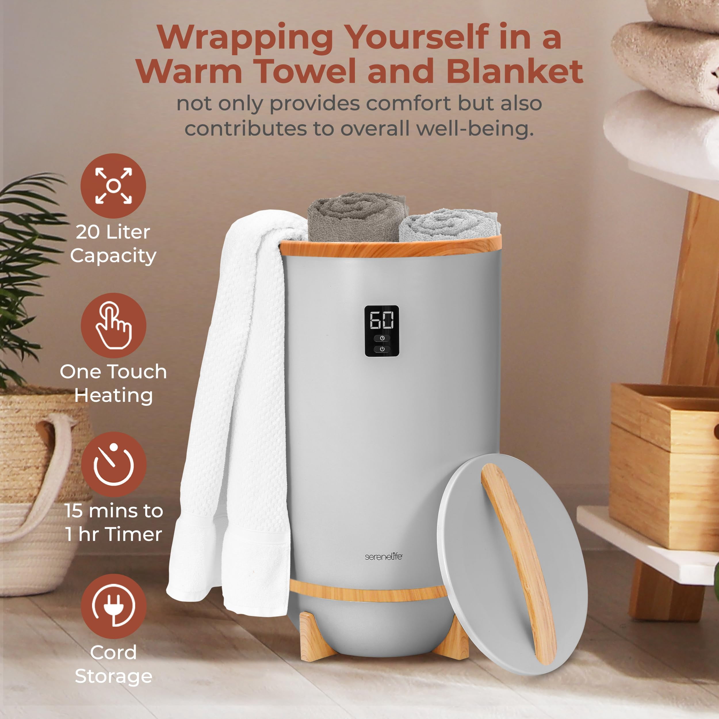 SereneLife Single Touch Towel & Blanket Warmer with Fragrant Disc Holder and LED Ring (Black,White)