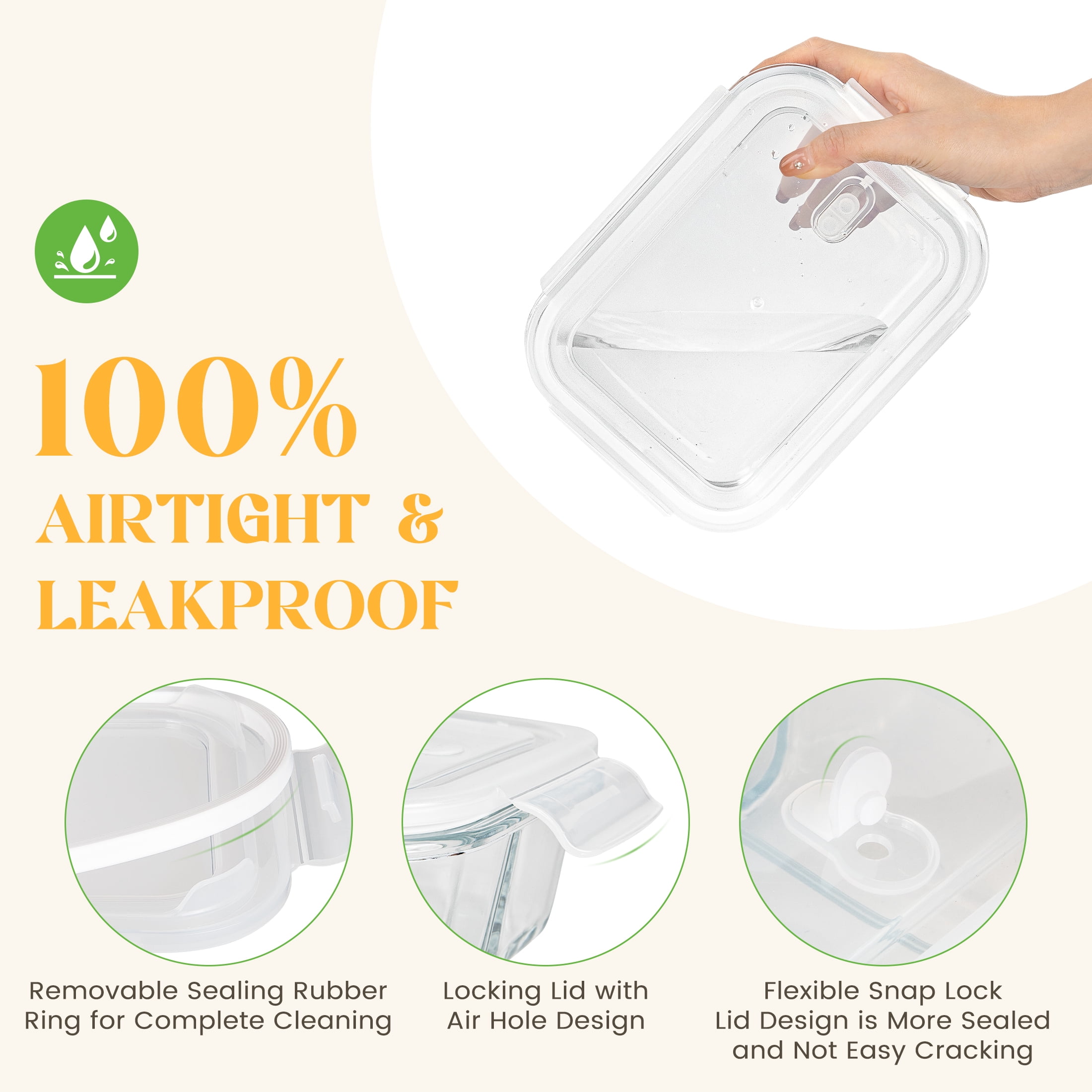 GPED Glass Food Storage Container with Lids, 3 Pack 34 Oz Meal Prep Containers, 1 & 2 & 3 Compartment Lunch Container, Airtight Bento Box with Leak Proof Locking Lids, Microwave and Dishwasher Safe
