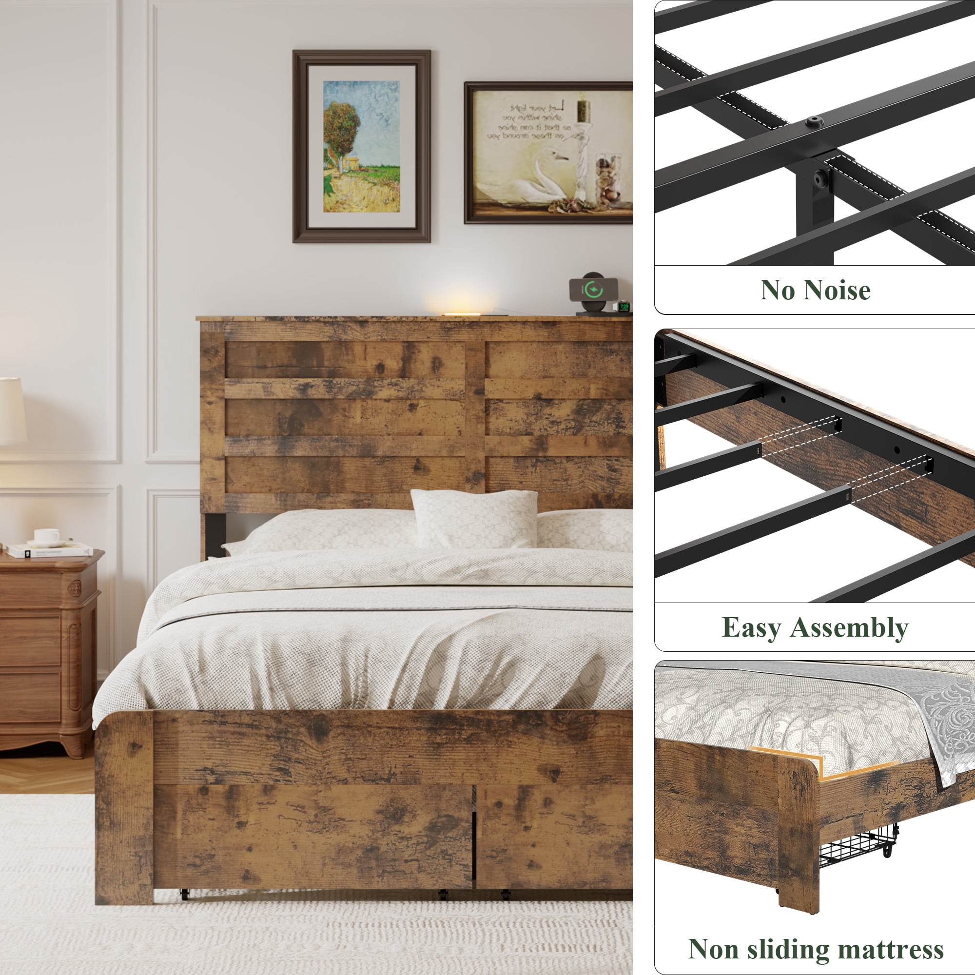 Mintazer Farmhouse&nbsp;Queen Bed Frame with 2 Storage Drawers, Wooden Platform Bed with LED Headboard & Charging Station, No Box Spring Needed, Brown