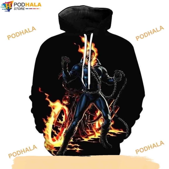 Skull s Burning Flame Ghost Rider Over Print Halloween 3D Hoodie, Halloween Gift Ideas