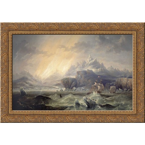 HMS Erebus and Terror in the Antarctic 24x18 Gold Ornate Wood Framed Canvas Art by John Wilson Carmichael