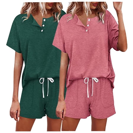 Virmaxy Summer Sleepwear Set for Women 2PC Short Sleeve Button Front Top and Star Print Shorts Pajamas Loungewear Set Multicolor-3 XL