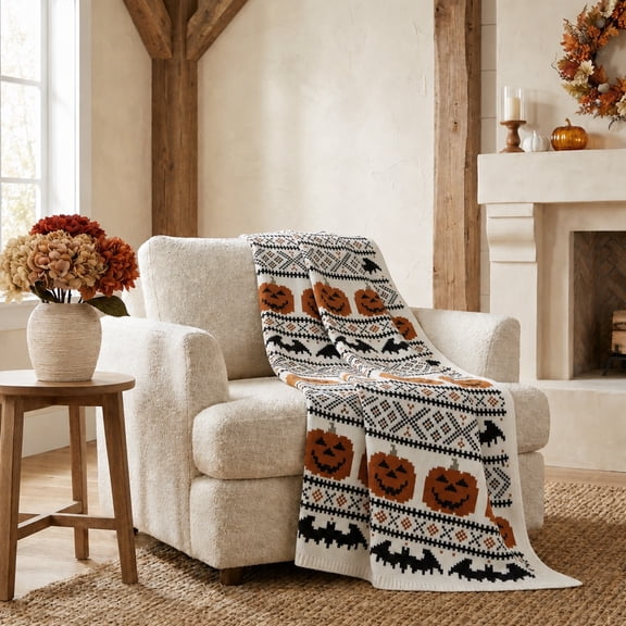 My Texas House Halloween Pumpkins and Bats Cotton Knit Throw, Multicolor, 50" x 60"