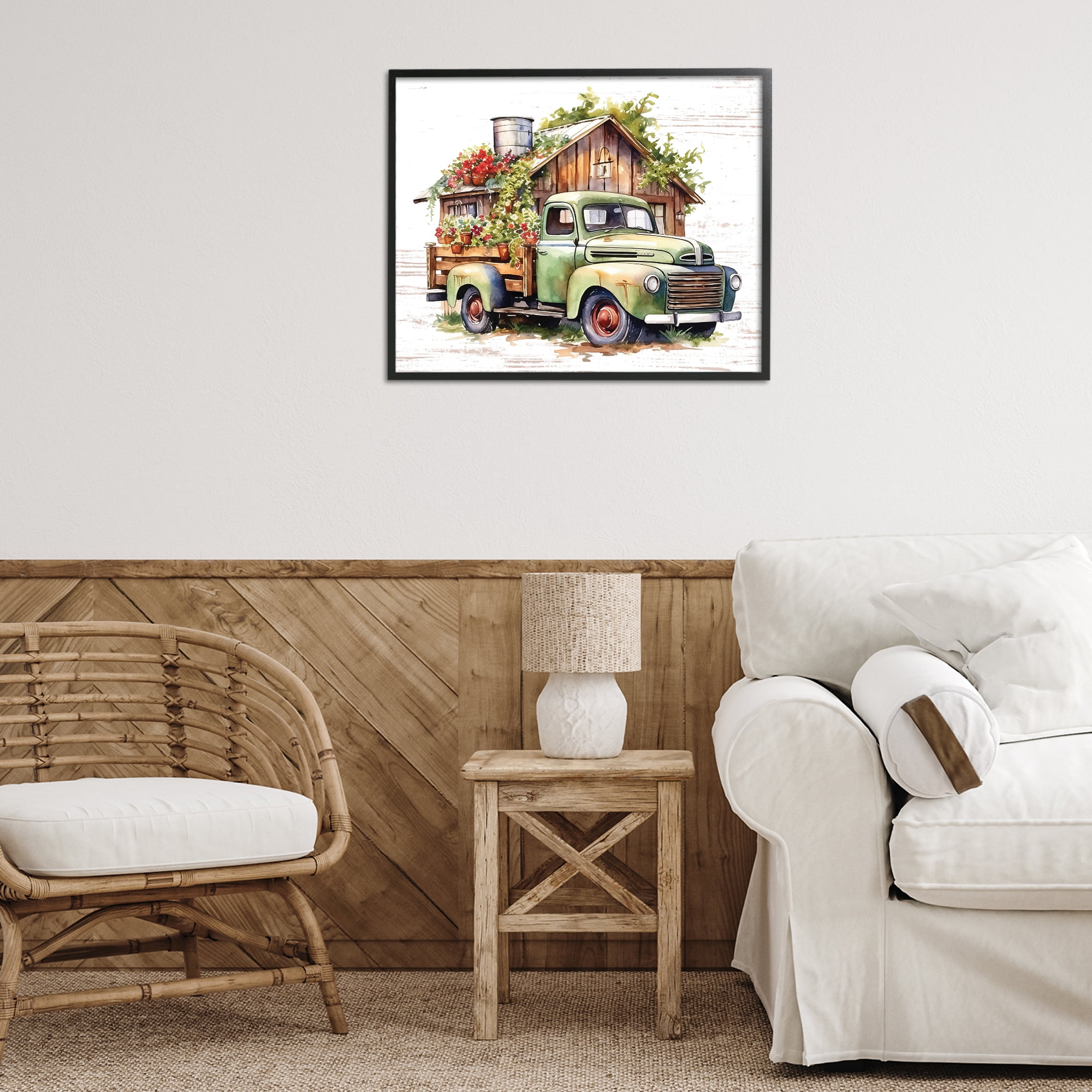 Stupell Industries Rustic Pickup with Greenery Transportation Painting Black Framed Art Print Wall Art, 30 x 24