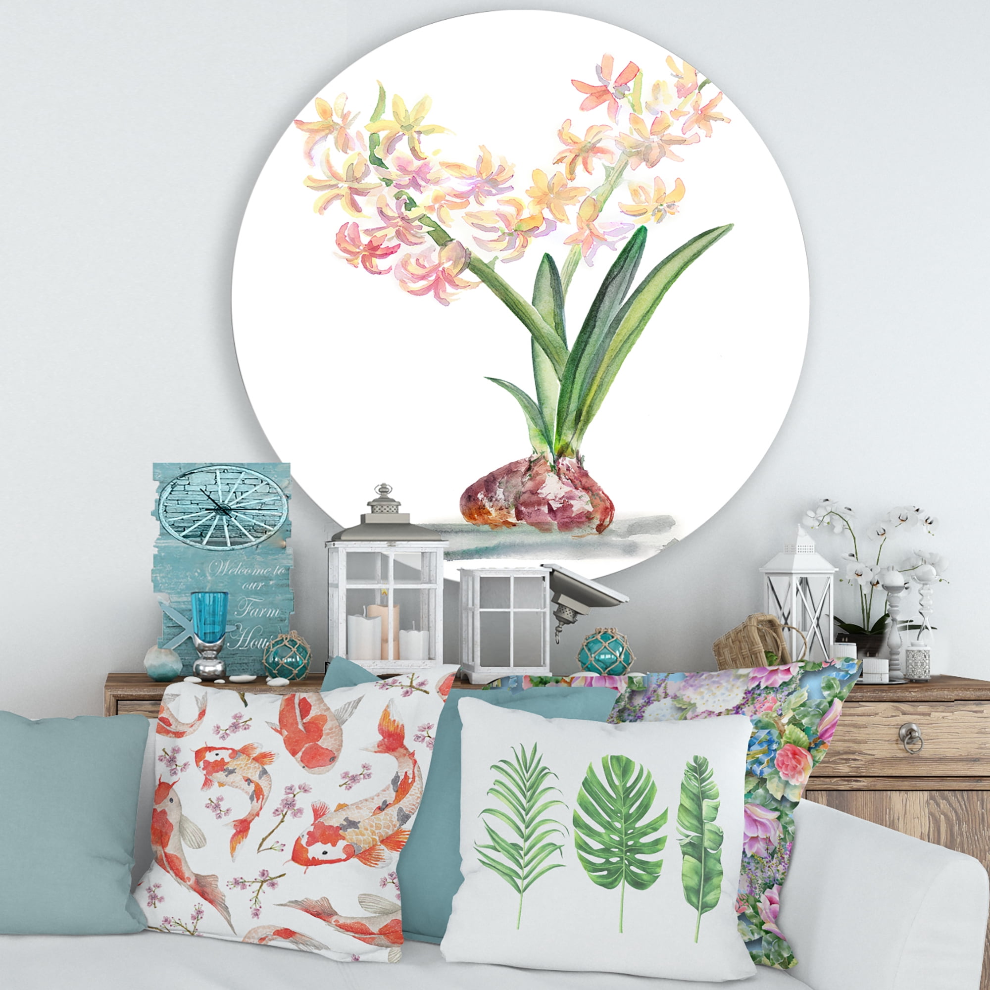Designart 'Blossoming Hyacinth' Traditional Circle Metal Wall Art 36x36 - Disc of 36