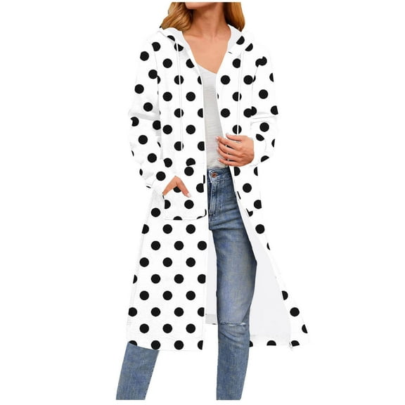 Miluxas Polka Dots Printed Long Sleeve Hoodie for Woman Zip up Hoodies Knee Length Sweatshirt Jackets Casual Loose Hoode Coat White XL(XL)