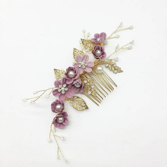 Nvzi -b Bridal Flower Wedding Hair Pins Crystal Pearl Hair Combs Clips Headpiece Gold Wedding Hair Accessories Jewelry with Rhinestone for Brides Bridesmaids Women Girls (Purple)