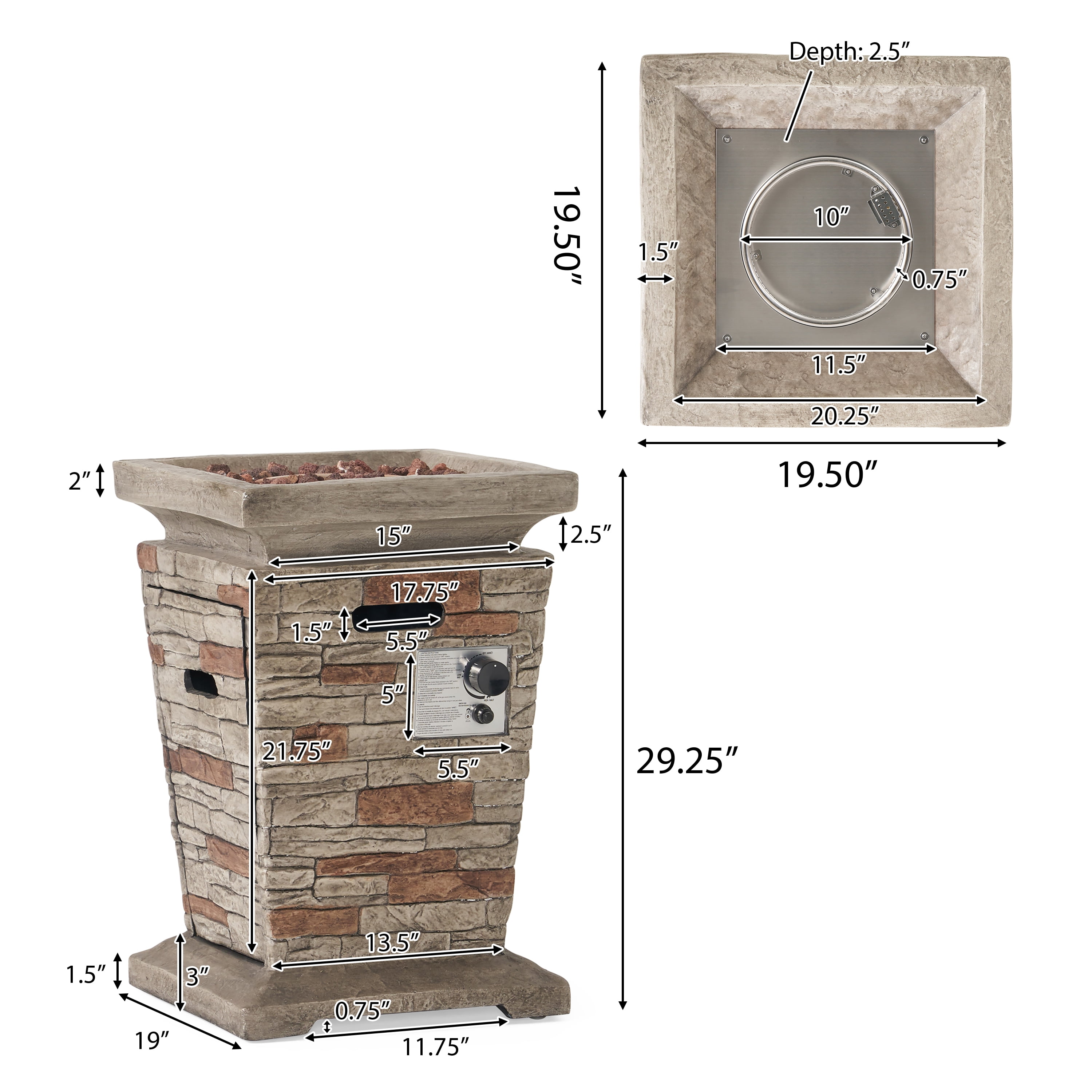 Noble House Quinn 19.50" Stone MGO Fire Column - 40,000 BTU, Natural Stone