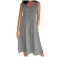 thumbnail image 3 of Kvture Women's Summer Linen Button Up Sundress V Neck Sleeveless Casual Midi Dress with Pockets Beach Vacation Flowy Dress Gray, 3 of 7