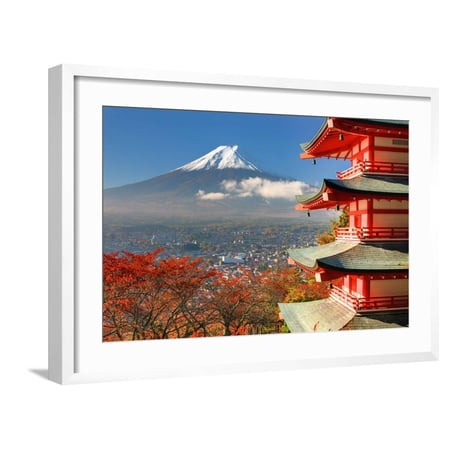 Art.com Mt. Fuji Viewed From Behind Chureito Pagoda Art Print by SeanPavonePhoto, White Frame Wall Art, 29" x 21"