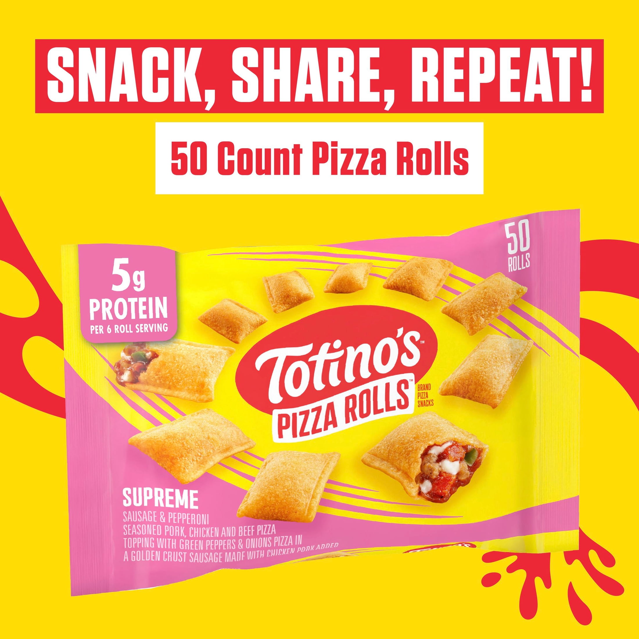 Totino's Pizza Rolls, Supreme Flavored, Frozen Appetizers, 50 Rolls, 24.8 oz
