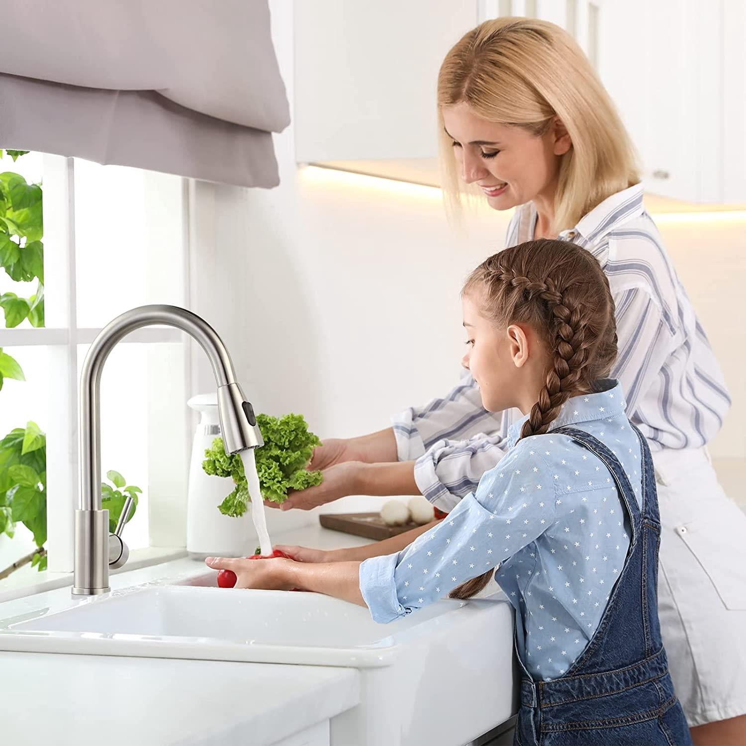 Wowow Single Handle Kitchen Sink Faucet with Sprayer, High Arc Brushed Nickel Faucet with Deck Plate