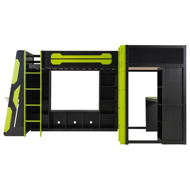 Twin Size L-Shaped Gaming Loft Bed with RGB LED Lights, Dual Twin Beds, USB Charging Ports & TV Stand, Wood Loft Bedframe Playhouse Bed with Storage Shelves & Reversible Layout