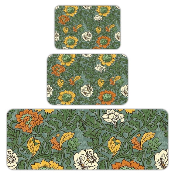 RKSupls Kitchen Rug Set 3 Piece Anti-Slip Flannel Floor Mats, Green Flowers Chinoiserie Washable Absorbent Runner Mats for Kitchen Bathroom Home Decor