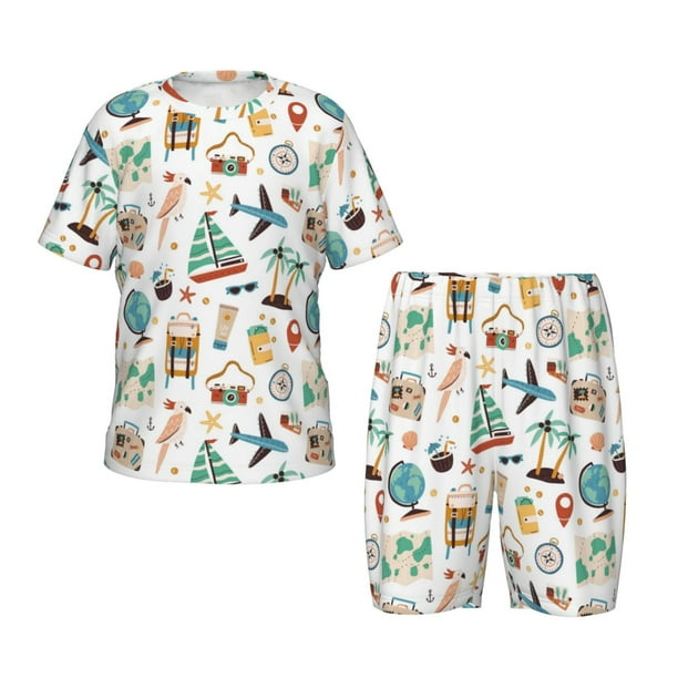 Balery Travel1 Conjunto de Pijama Infantil de Manga Corta con Estampado – Ropa de Dormir de Algodón Suave-Large