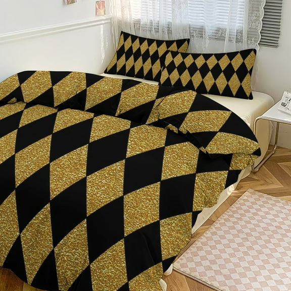 3 Pcs Soft Bedding Set, Includes 1 Duvet Cover with Zipper And 2 Pillow Shams,Black And Gold Harlequin Twin(86"x70")