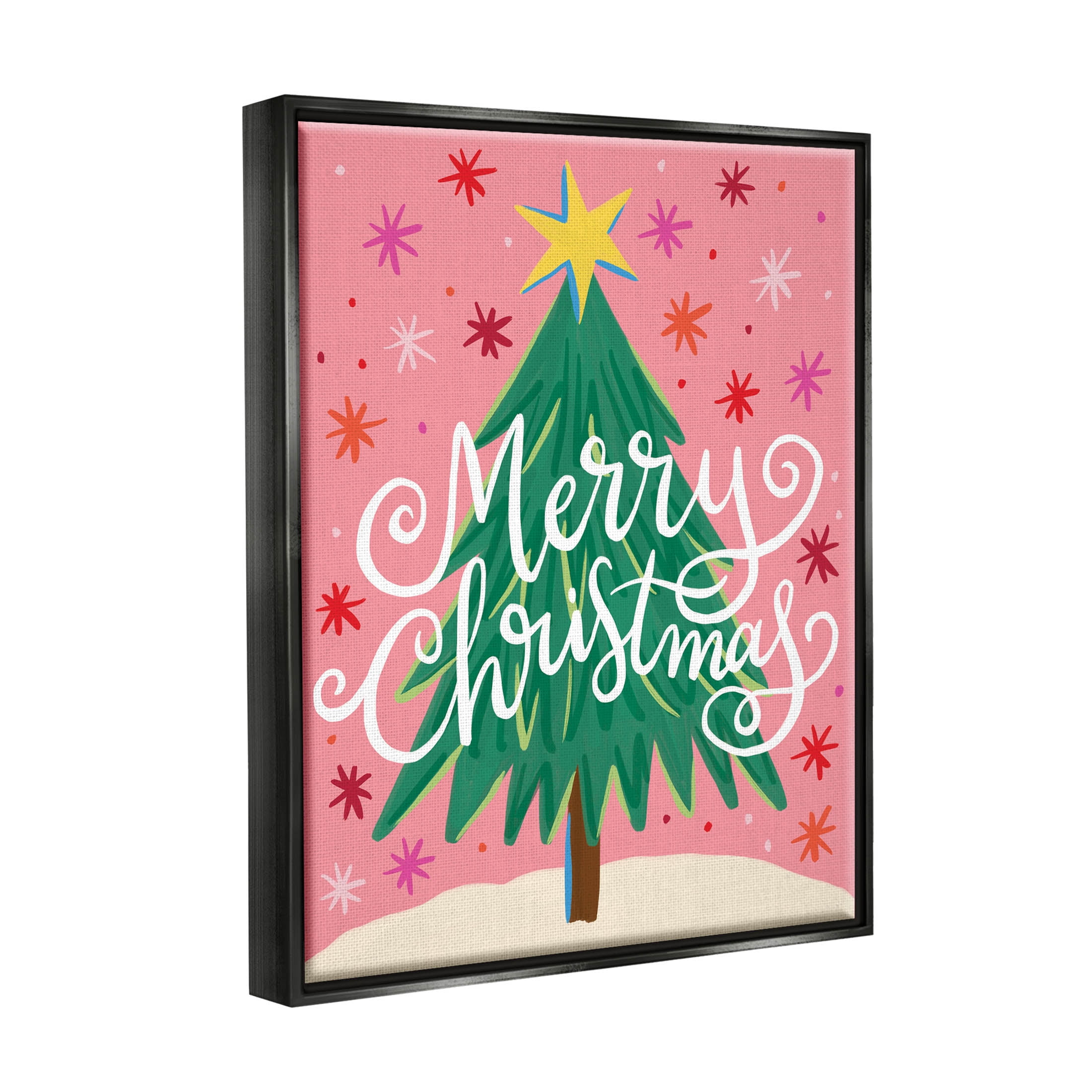 Merry Christmas Pink Starry Pattern Holiday Graphic Art Jet Black Framed Art Print Wall Art
