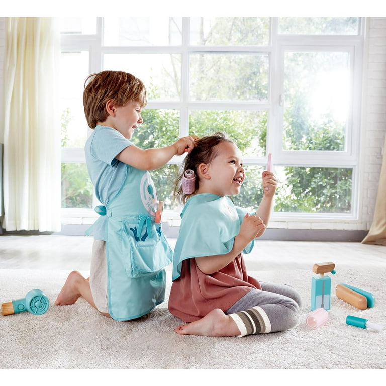Hape Super Stylish Hair Salon Set 15pc Teal Pink Toy Set Hairstylist Apron Wooden Styling Accessories Hair Dryer Pretend Play Kids Ages 3